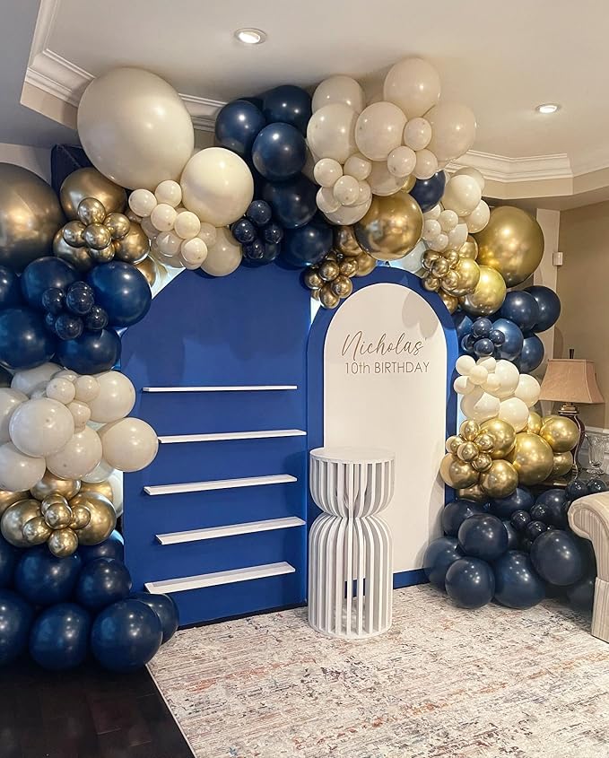 Navy Blue Gold White Balloon Arch Kit, Double Stuffed Pearl Sand White Royal Dark Blue Chrome Gold Confetti Balloons Garland Kit for Birthday Graduation 2026 New Years Party Decoration