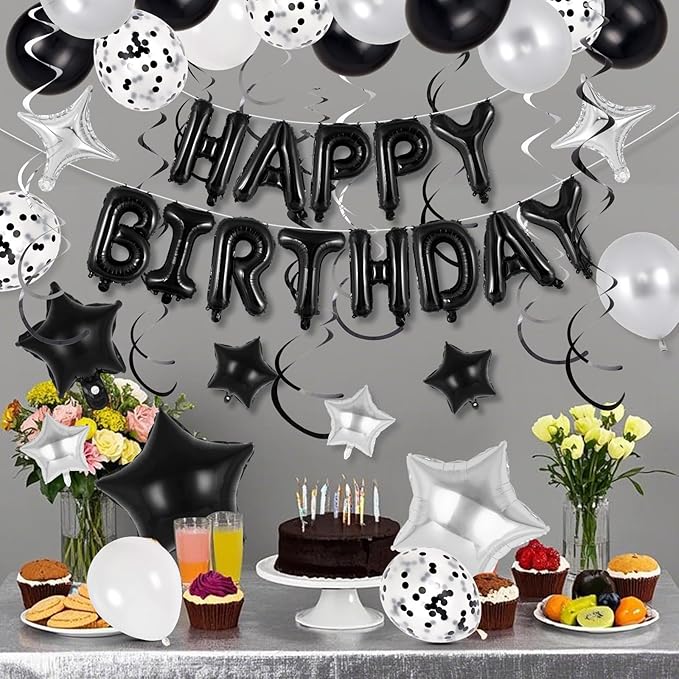 55 Pcs Happy Birthday Balloons Letters Banner with 35 Pcs Star Foil Balloons, 20 Pcs Latex Balloon, 6 Hanging Swirls for Women Men Boys Girls Birthday Party Decorations Set ﻿ (Black)