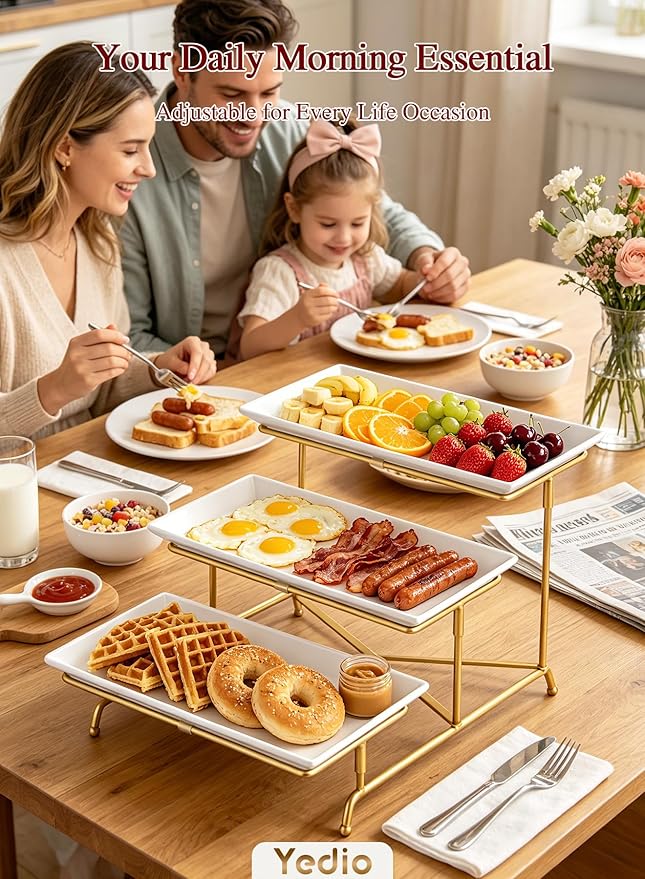 3 Tier Serving Tray Set Porcelain Tiered Serving Platters, Collapsible Sturdier Stand with Stable Cross Bars, 12 Inch Three Layer Serving for Party Entertaining Food Display Fruit Dessert