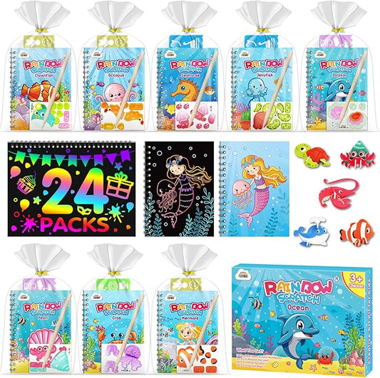 ZMLM 24 Pack Scratch Art Party Favors for Kids 4-8 – Individually Wrapped Rainbow Notebooks, Mess-Free Goodie Bag Stuffers, Non-Candy, Classroom Prizes, Travel Quiet Time Crafts for Boys Girls(Ocean)