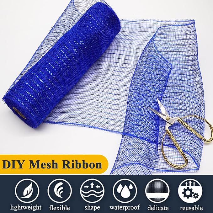 2 Pcs Deco Mesh Ribbon Rolls 10 Inch 10 Yards(30 ft) Decorative Mesh Fabric with Foil for Wreaths Christmas Tree Ribbon Door DIY Craft Halloween Decor Wedding Party Supplies (Royal Blue, 2Pcs)