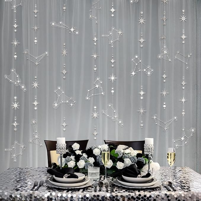 Cheerland Glitter Celestial Party Decorations Constellation Birthday Decoration Star Garlands Withy Backdrop Astrology Decor Zodiac Theme Banner Hanging Stars Streamer Galaxy Party Suppplies (Silver)
