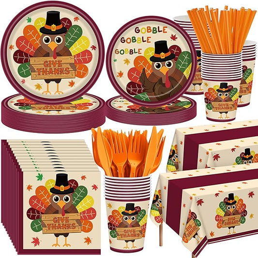Potchen 452 Pcs Party Supplies Serve 50 Guests, Paper Plates Napkins Cups Cutlery Plastic Tablecloth Dinnerware for Birthday Wedding Party Decoration (Orange Maroon, Thanksgiving Turkey)