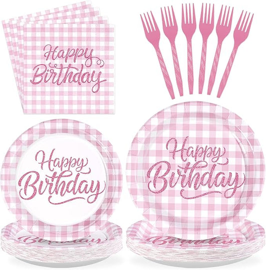 96Pcs Pink Gingham Birthday Decorations Pink and White Checkered Plates and Napkins Pastel Plaid Birthday Decorations Favors for Girls Baby Shower Holiday Picnic Party Supplies Serves 24
