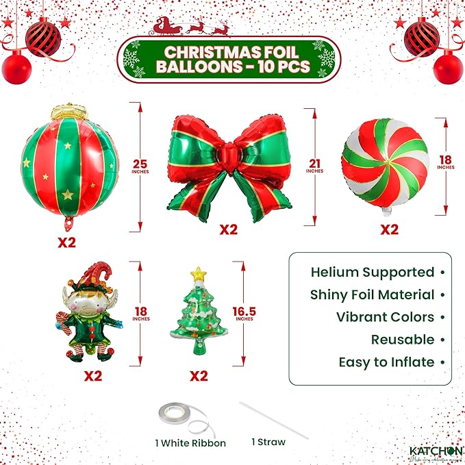 KatchOn, 25 Inch Large Christmas Balloons Decorations Set - Pack of 10 | Green and Red Christmas Decorations Indoor | Xmas Tree Bow Balloons and Elf Balloon for Winter Decoration | Holiday Decor