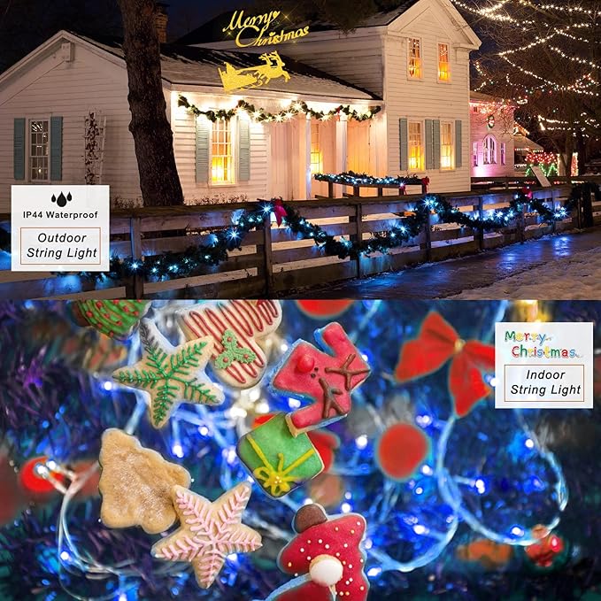 Pooqla Christmas Blue String Lights, 200 LED Clear Wire Indoor and Outdoor Lights