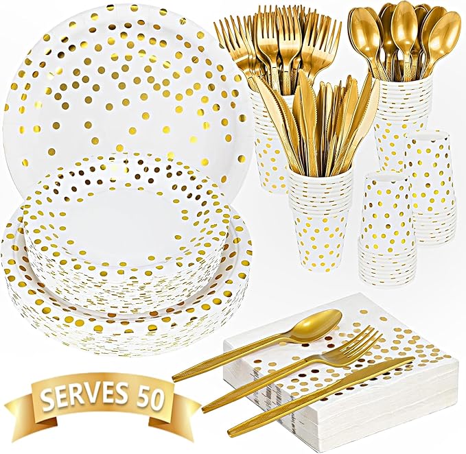 350PCS Gold Party Supplies for 50 Guests, Disposable Party Decorations Dinnerware Paper Plates Cups Napkins Gold Plastic Forks Knives Spoons for Wedding Birthday Graduation