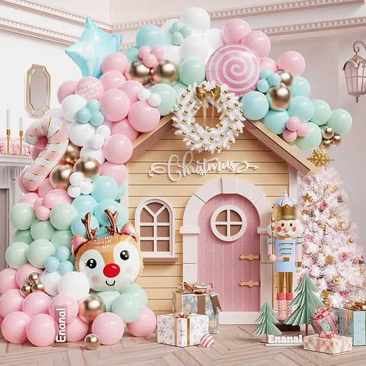 Christmas Balloon Garland Arch Kit, 161pcs Pastel Pink Green Balloons with Candycane Reindeer Peppermint Foil Balloons for Christmas Party Decorations Candyland Nutcracker Party Supplies