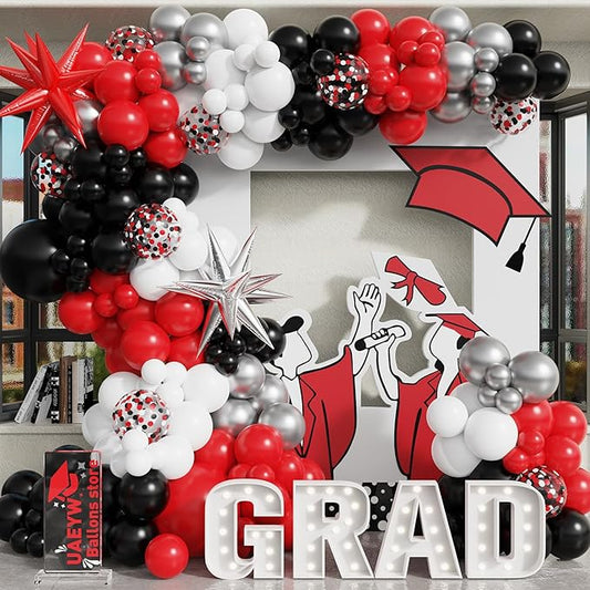 139Pcs Red and Black Balloon Arch Garland Kit for Graduation Party Decorations,Red Black White Silver Confetti Explosion Star Balloons for Class of 2026 Congrats Grad Celebrations Birthday Supplies