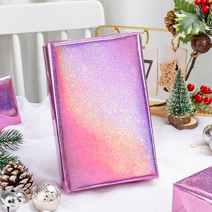 Burymento Pink Wrapping Paper Roll, Metallic Holographic Star Gift Wrap for Birthday, Valentines, Mothers day, Graduation, Wedding, Fathers day, Baby Shower, Christmas (17 IN x 32.8 FT)