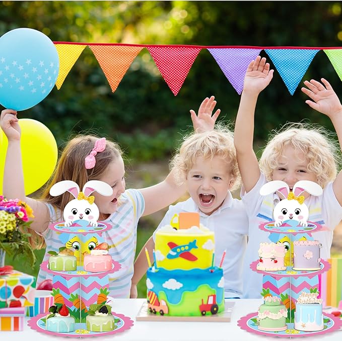 Zopeal 3 Tier Happy Easter Cupcake Stand Party Decorations Bunny Cupcake Holder Colorful Eggs Cake Holder Dessert Stand for Easter Party Supplies Birthday Baby Shower Decorations