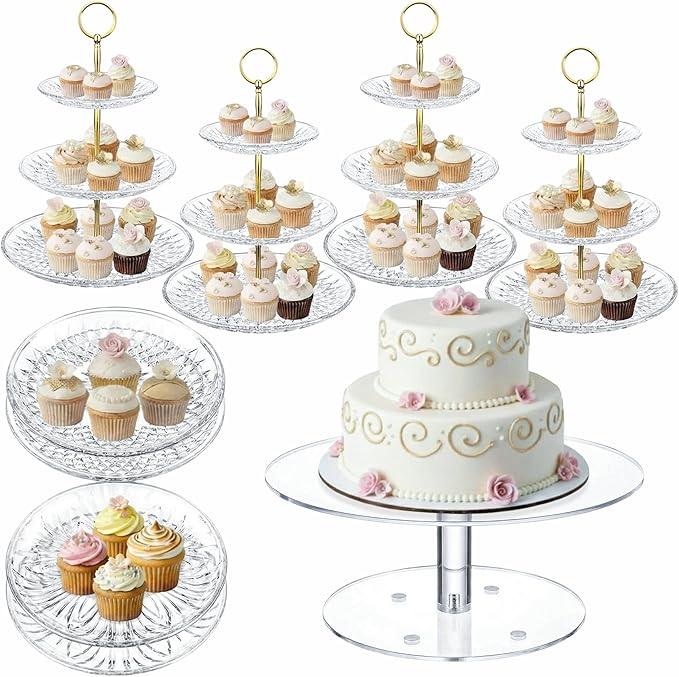Pinkunn 9 Pcs Acrylic Cake Stand Set Include 4 Pcs 3 Tier Cupcake Tower 4 Round Dessert Tray 1 Cake Pedestal Stand Dessert Table Cupcake Holder for Birthday Wedding Baby Shower Party Decoration