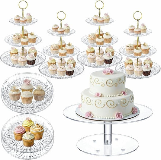 Pinkunn 9 Pcs Acrylic Cake Stand Set Include 4 Pcs 3 Tier Cupcake Tower 4 Round Dessert Tray 1 Cake Pedestal Stand Dessert Table Cupcake Holder for Birthday Wedding Baby Shower Party Decoration