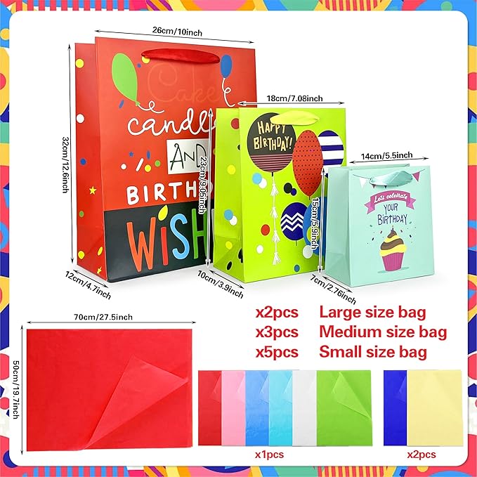 MUMULULU 10 Pack Birthday Gift Bag with Ribbon Handle and Tissue Paper Assorted Sizes and Designs 3 Size Birthday Gift Bag for Gift Wrapping Presents