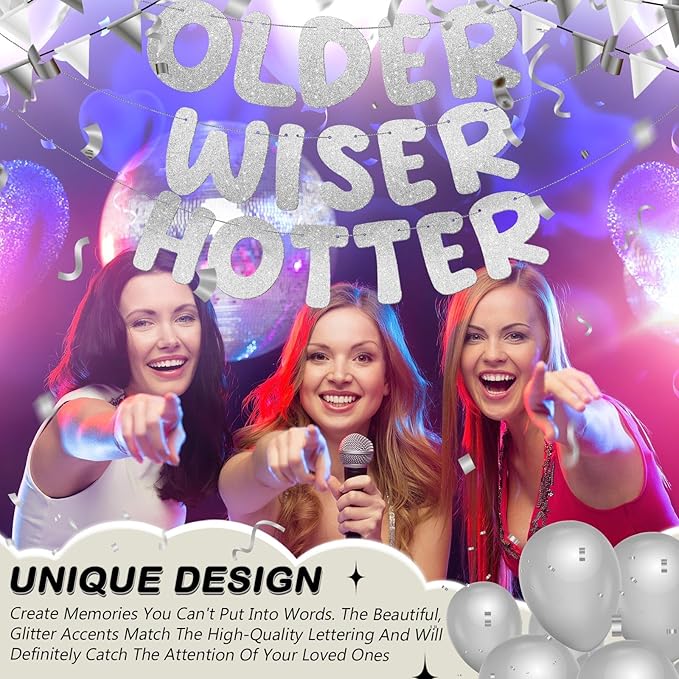 Fulmoon Set of 3 Pre Strung Older Wiser Hotter Glitter Banner Funny Birthday Banner for Women 30th 40th 50th 60th 70th 80th Birthday Party Decorations Sign Gift(Silver)