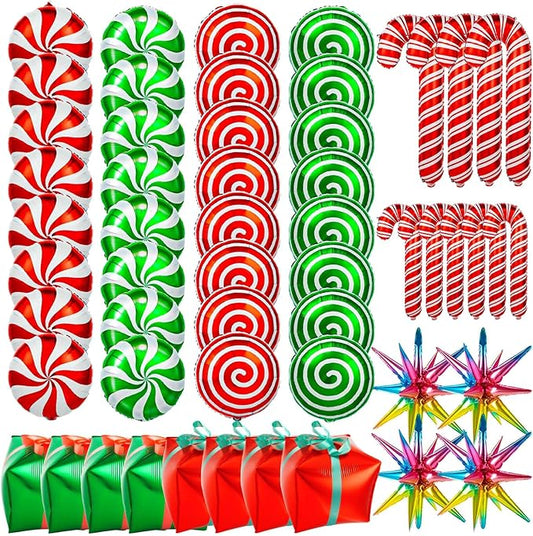 76Pcs Christmas Balloons, Big Red Green Candy Cane Mylar Foil Balloon for Party Decorations