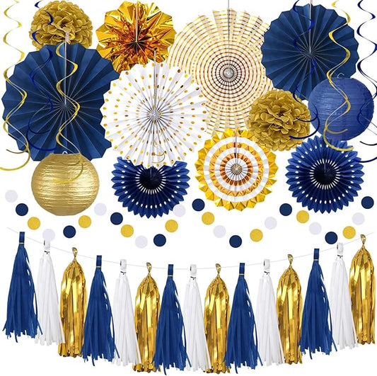 MEIDUO 34 Pcs Blue and Gold Party Decorations, Hanging Paper Lanterns Fans Pom Poms Set, 2026 Blue and Gold Graduation Decorations Supplies, Royal Birthday Decor for Men Boys