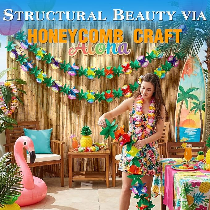 DomeStar 6 Packs Tropical Flower Garlands, Tissue Flower Banner Hibiscus Garland Hanging Party Decorations for Hawaiian Luau Party Beach Birthday Baby Shower Wedding