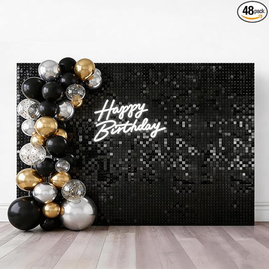 Black Shimmer Wall Backdrop 48 Glitter Panels Create 6 x 8 Ft Photo Background for Wedding Birthday Graduation Anniversary Grand Opening Party Decor