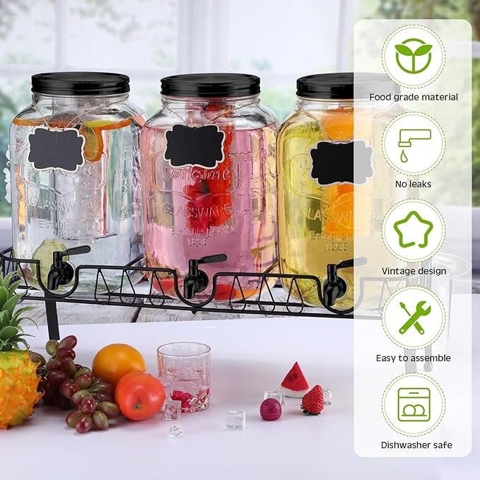 Lallisa 3 Pcs 2 Gallon Glass Drink Dispenser with Stand and Lid Mason Jar Beverage Dispenser with Stainless Steel Spigot, Hanging Chalkboard Signs, Fruit Infuse, Ice Cylinder, Liquid Pen (Black)