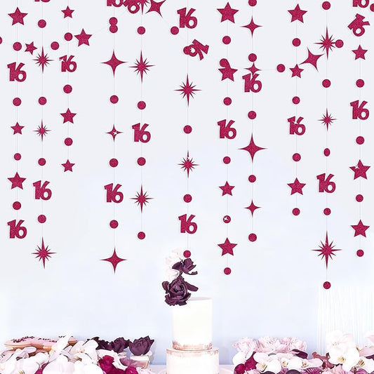 Burgundy 16th Birthday Decorations Number 16 Circle Dot Star Garland Glitter Streamer Banner Backdrop for Girls Boys Sweet Sixteen Cheers to 16 Years Old Birthday 16th Anniversary Party Supplies
