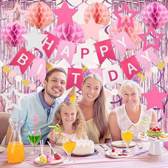 ZERODECO Birthday Decorations, Happy Birthday Banner with Paper Honeycomb, Star Hanging Swirl, Fringe Curtain, Garland, Birthday Party Decorations for Women Girls (Pink)
