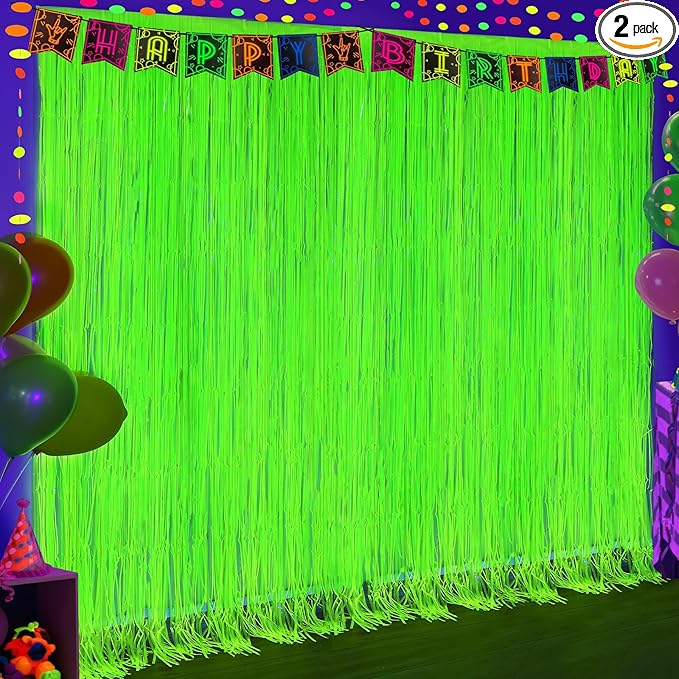 2 Pack Glow in The Dark Party Curtains, Neon Party Decorations 6.6 x 6.6 ft Fluorescent Macaron Yellow Tinsel Foil Fringe Curtains, Photo Booth Prop Backdrop Streamers, Birthday Halloween Party Decor