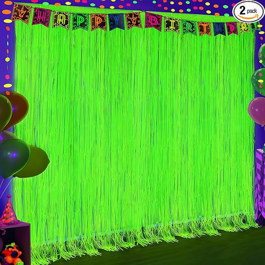 2 Pack Glow in The Dark Party Curtains, Neon Party Decorations 6.6 x 6.6 ft Fluorescent Macaron Yellow Tinsel Foil Fringe Curtains, Photo Booth Prop Backdrop Streamers, Birthday Halloween Party Decor