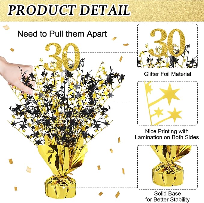 Tatuo 4 Pcs Metallic Foil Spray Centerpiece Happy 30th 40th 50th 60th Years Centerpiece Table Decorations for Black and Gold Birthday Anniversary Wedding Party Table Decor(30th Birthday)