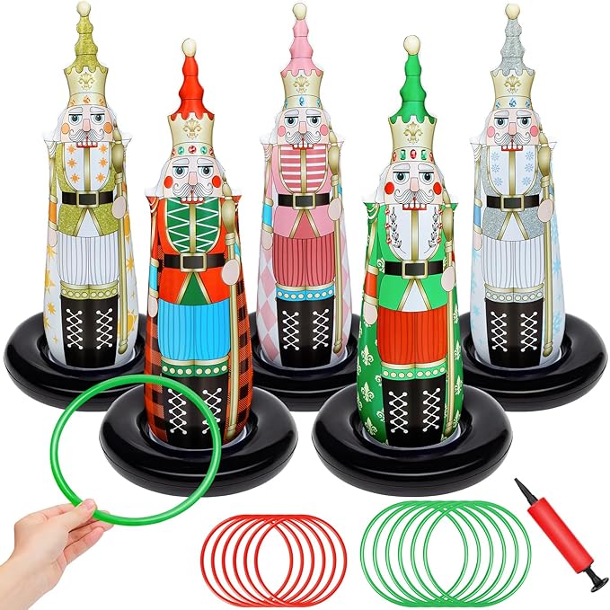 Christmas Ring Toss Games for Family Kids Party 5 Pack Inflatable Nutcrackers Toss Game Adults for Indoor Outdoor Garden Toys Gifts Holiday Decorations