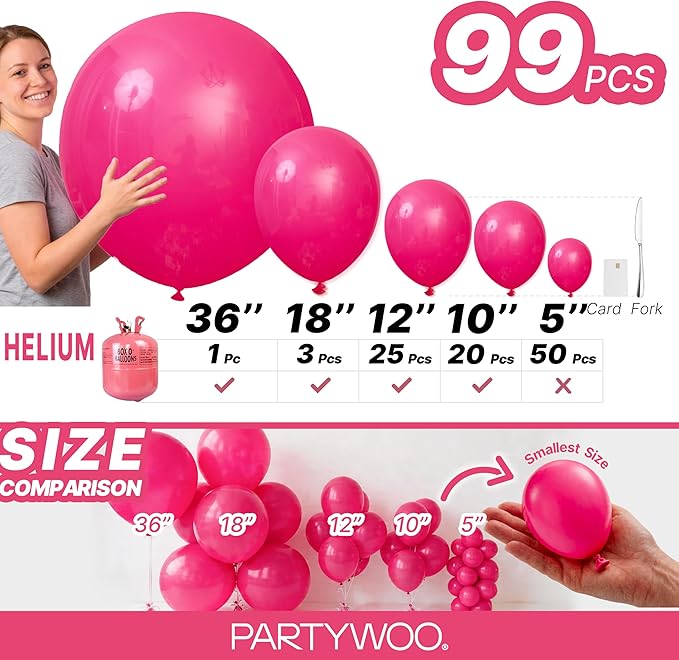 PartyWoo Hot Pink Balloons 99 pcs Different Sizes of 36 18 12 10 5 Inch Magenta Fuchsia Balloon Arch Kit Garland for Baby Shower Wedding Bridal Shower Anniversary Birthday Party Decorations Pink-Y12
