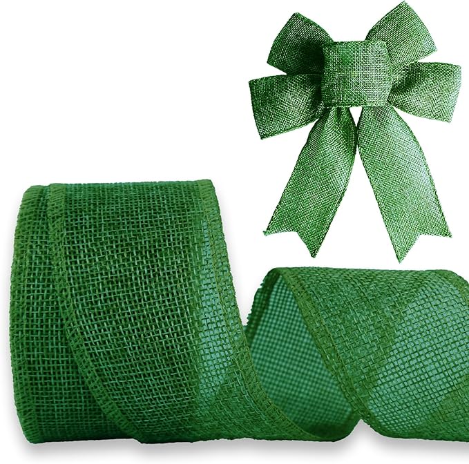 Dark Green Burlap Ribbon 1 1/2 inch X 10 Yard Natural Dark Green Woven Ribbon DIY Handmade Solid Wired Edging Production Wreath Holiday Decoration Gift Ribbon Gift Wrapping Dark Green Ribbon