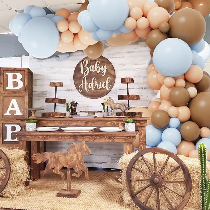 RUBFAC 156pcs Dusty Blue and Brown Balloon Garland Arch Kit, Bear Baby Shower Decoration with Boho Brown Skin Color Blue Balloons for Gender Reveal and Birthday Party Decoration