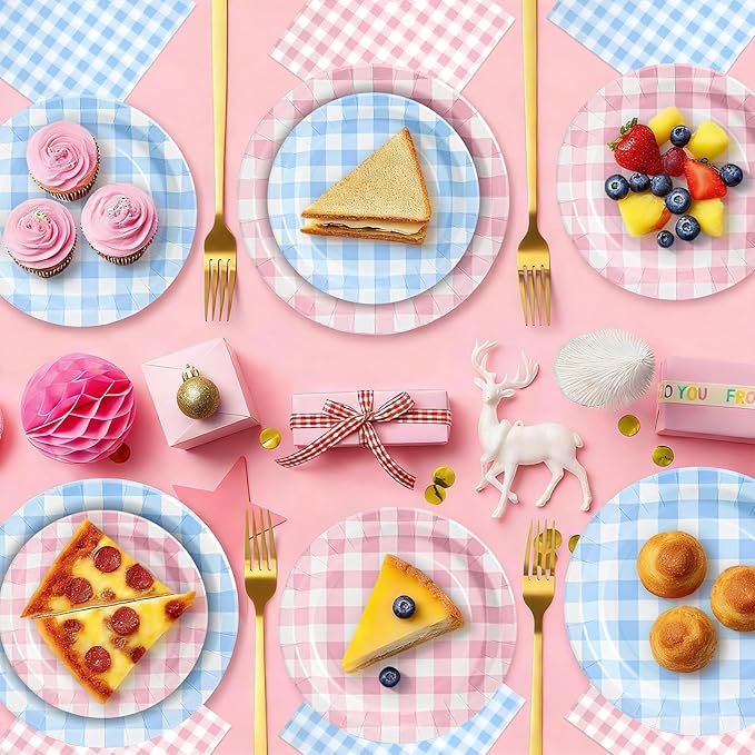 180Pcs Pink and Blue Gingham Party Supplies Paper Plates and Napkins Serve 60 Disposable Tableware Set for Shower Birthday Party Decorations Game Day Family Holiday