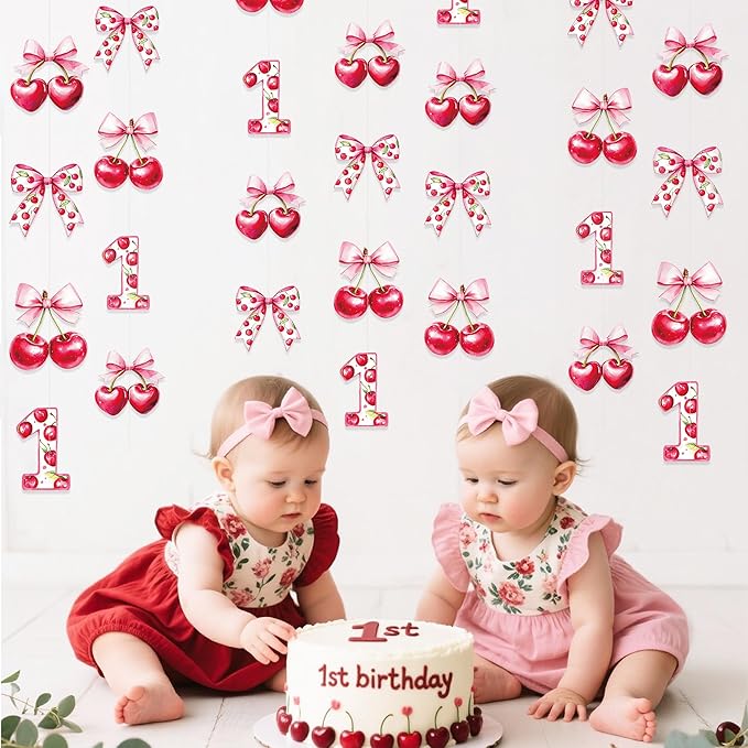 Cherry 1st Birthday Decorations Sweet Floral Cherries Pink Bow Hanging Streamer Garland Banner for Happy First Birthday Baby One Year Bday 1st Wedding Anniversary Party Decorations Supplies