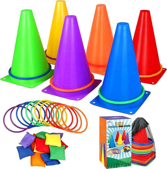 31 PCS Christmas Carnival Games, 3 in 1 Indoor Outdoor Bean Bag Ring Toss Games for Kids Birthday Party, Plastic Soft Cones Yard Lawn Game for Family Party Kid's Gift