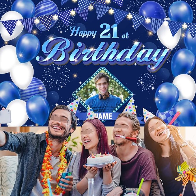 Custom Navy blue Theme 21st Birthday Decorations Banner - Personalized Fabric Banner for 21st Birthday Party Supplies