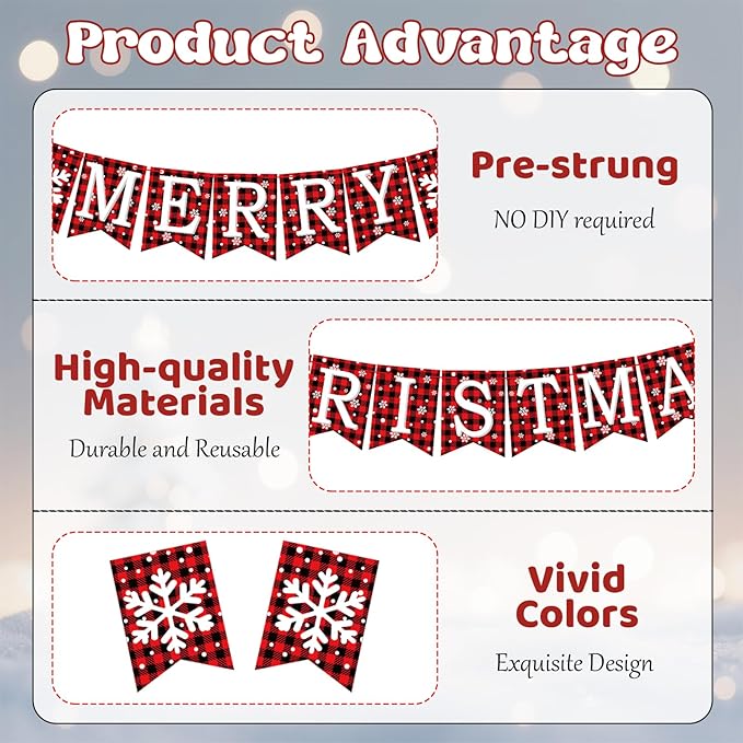Merry Christmas Banner, Pre-Strung Buffalo Plaid Xmas Decorations, Merry Christmas Sign Indoor with Snowflake, Mantle Xmas Decor for Winter New Year Fireplace Hanging Sign