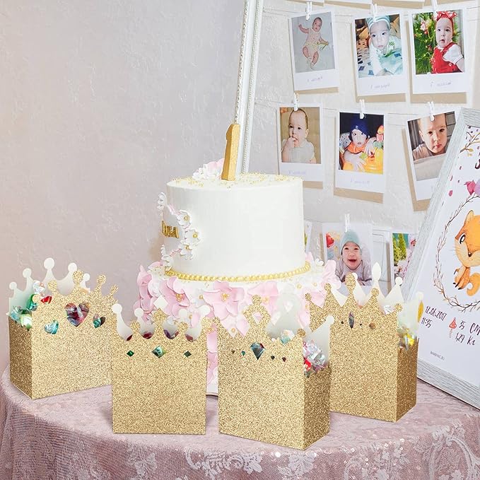 Outus 20 Pieces Princess Crown Boxes Glitter Princess Party decoration Glitter Party Favor Candy Boxes Gold Gifts Container for Wedding Birthday Baby Shower Supplies