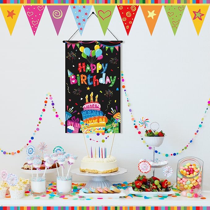 Tegeme 3 Pcs Happy Birthday Banner Decor Colorful Happy Birthday Party Door Hanging Decorations Hanging Black Banner Party Supplies for Kids Girls Boys Porch Wall Door Sign