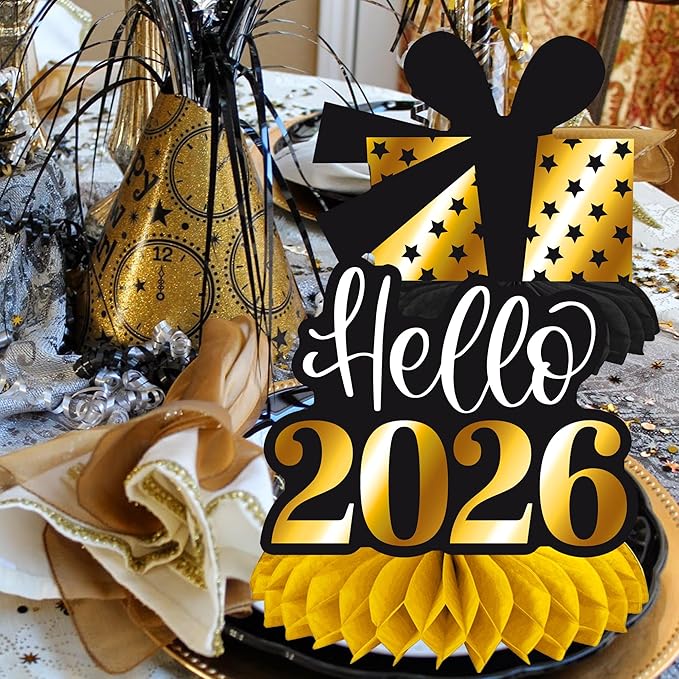 Happy New Year Honeycomb Centerpieces 2026 New Years Eve Party Decorations 12PCS New Years Decor Hello 2026 Table Centerpieces for Cheers to 2026 Celebration Supplies
