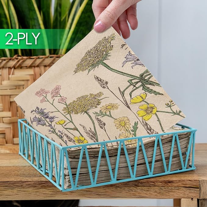 Table Kind 100 x Soft Recycled Floral Napkins Wildflower Soft Paper Napkins Pretty Wild Flower Serviettes for Spring Eco Friendly, Everyday & Compostable Weddings, Tea Party, Birthday Natural Kraft