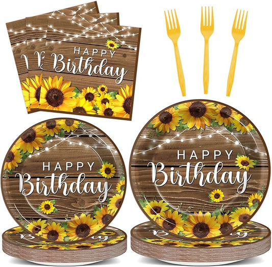 96Pcs Sunflower Birthday Party Supplies Sunflower Birthday Paper Plates Napkins Wood Grain Themed Party Decorations Wood Grain Dinnerware Party Favor Tableware Serves 24