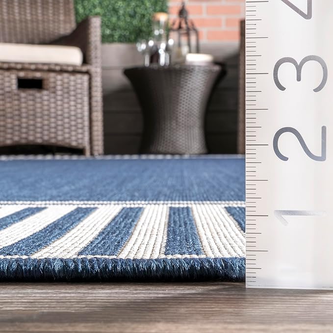 Nuloom Asha Navy/Ivory, 2' x 10', Casual, Striped Border, Soft and Cozy, High Traffic, Stain Resistant, Easy Clean, Durable Runner for Indoor/Outdoor Patio, Deck, Porch, Garden, Courtyard