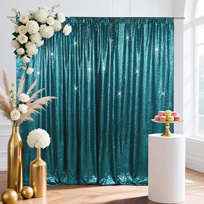 SquarePie 6x8ft Teal Sequin Backdrop for Photography, Satin-Backed Real Sequin Curtain, Enhanced Coverage Shimmering Background with 4" Rod Pocket for Wedding, Birthday, Party Decor, 1 Panel