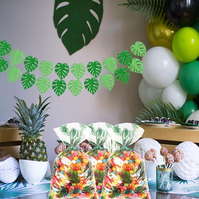 100 Pcs Gift Wrap Cellophane Treat Bags, 7 X12 Inch Hawaiian Palm Leaf Cellophane Candy Bags with for Candy,Cookies,Wedding Bridal Decorations Birthday,Valentine Party with Twist Ties