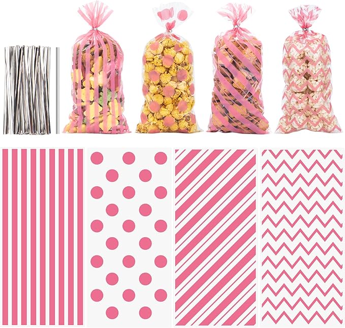 120 Pack 10.6x5.1 Inch Cellophane Treat Bags with Ties - Polka & Pink Stripes Candy Gift Baggies for Birthday, Wedding Party Favors, Snack Packing Supplies