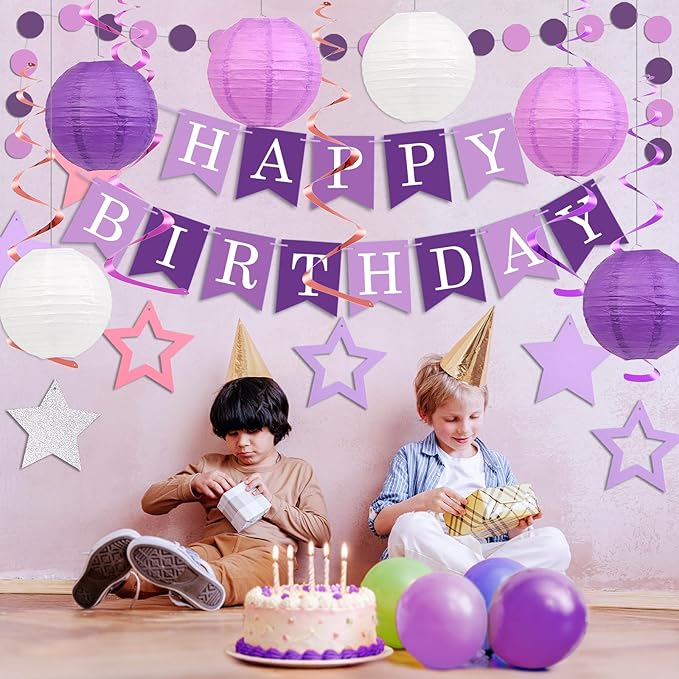 Happy Birthday Decorations, Purple Birthday Party Decorations Set with Happy Birthday Banner, Paper Lanterns, Star Swirl Hanging Decorations & Circle Dots Garland