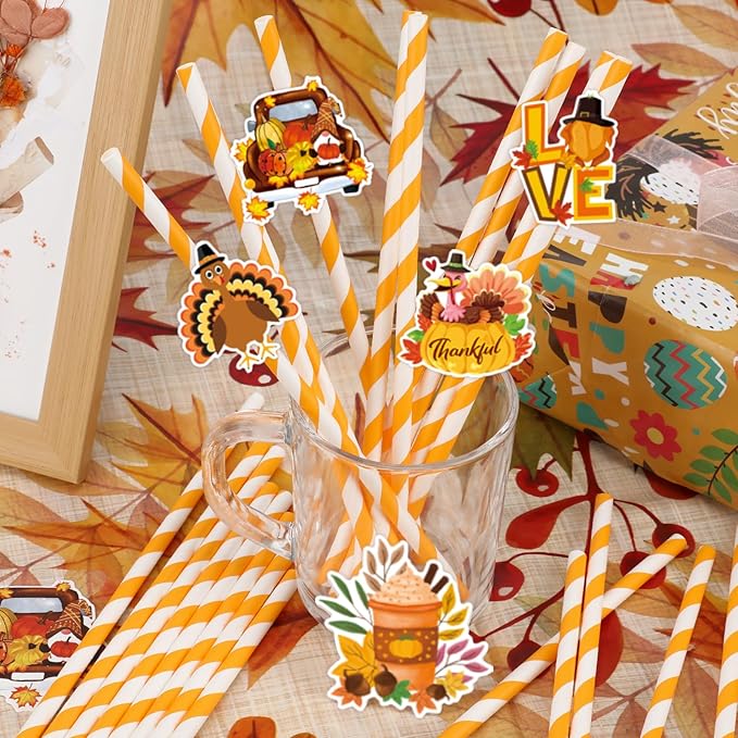 Konsait Thanksgiving Paper Straws, 24 PCS White Orange Striped Straws for Fall Harvest Party Decorations