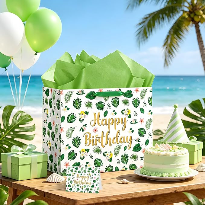 Yomaiha Tropical Hawaiian Birthday Gift Bag with Tissue Paper and Greeting Card, Summer Palm Leaves Happy Birthday Wrapping Paper Bag for Men Women Boys Girls Luau Party Decorations Supplies